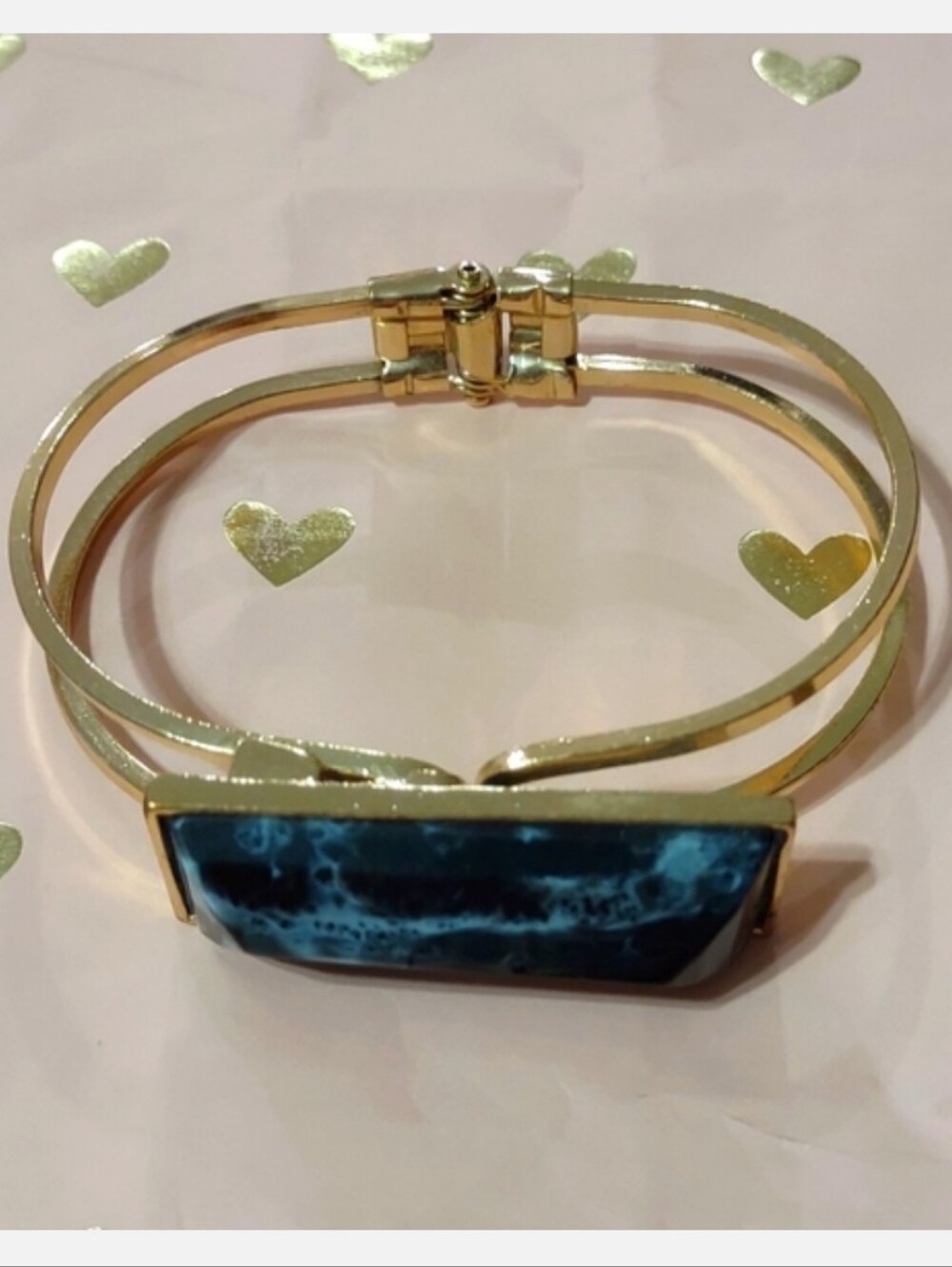 Gold Cuff Bracelet with Black Marbled Stone Accent